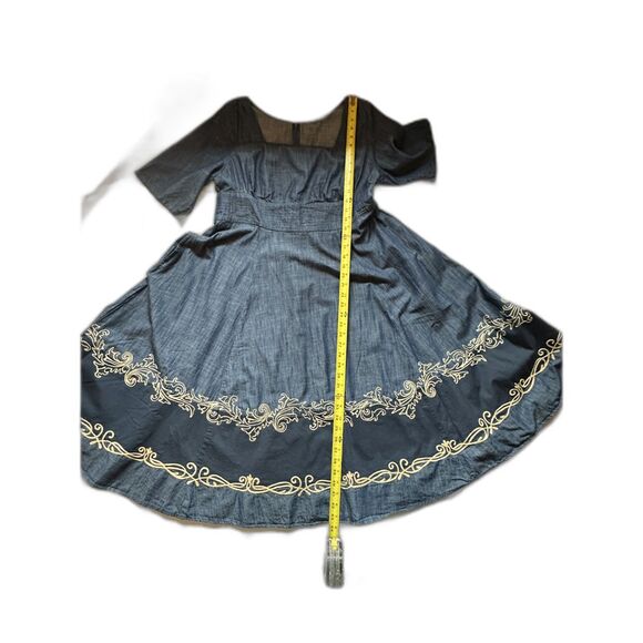 eShakti Blue 1940's 1950's Square Neckline Fit & Flair Dress Embroidered - Picture 11 of 13